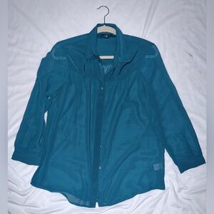 American Eagle Outfitters Teal Button Up Sheer Shirt